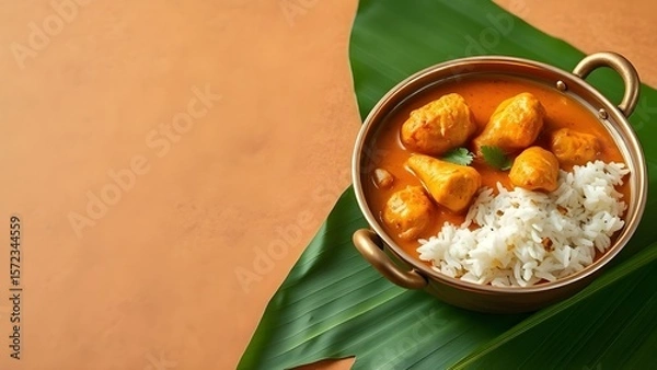 Fototapeta Aloo gobi curry with rice served in a bowl on a banana leaf