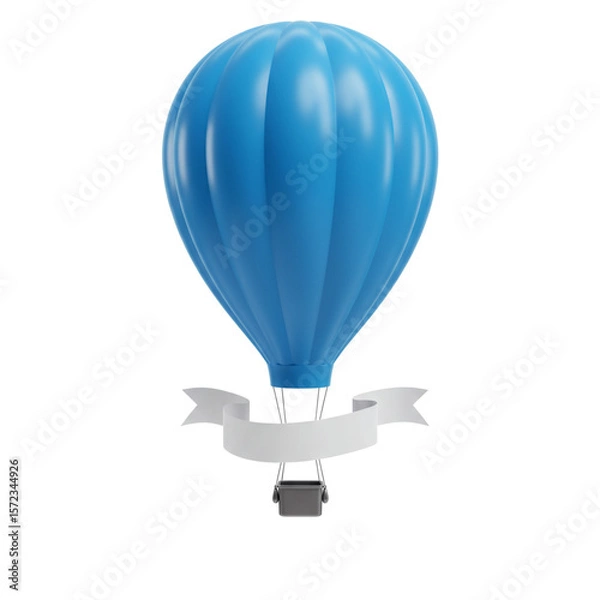 Fototapeta Soaring Ambitions: A vibrant blue hot air balloon, complete with a blank banner, ascends majestically, promising endless possibilities and freedom. This visual offers a concept for travel, adventure.