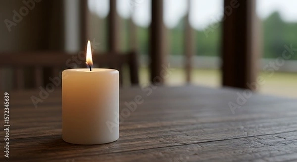 Fototapeta Atmospheric candle lit scene, with a single white candle on a wooden surface, warm and calm.

