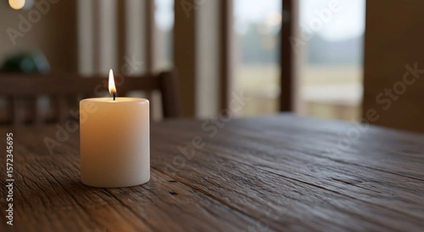Obraz Simple white candle with a flickering flame, resting on a dark wood table, for comfort.

