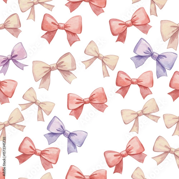 Fototapeta Seamless Bows Pattern: A vibrant pattern of watercolor bows, presented in various pastel shades, ready to bring a touch of whimsy and elegance.