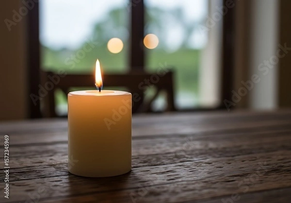Obraz Cozy indoor scene with a glowing candle on a distressed wooden tabletop, inviting.


