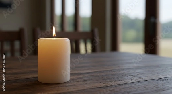Fototapeta Still life of a candle, its bright flame contrasting with a softly blurred background, serene.

