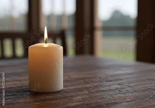 Obraz Unlit white wax candle on a natural wood grain table, for home decor and ambiance.

