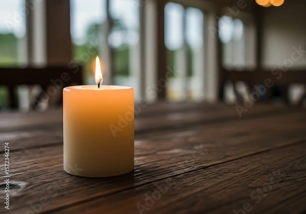 Obraz Peaceful candle flame illuminating a dark wood table, evoking relaxation and quiet contemplation.

