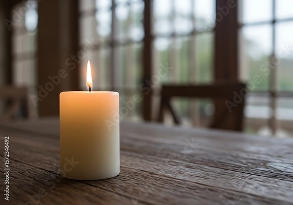 Obraz Single white candle with a warm flame, casting light on a textured wooden surface, tranquil.

