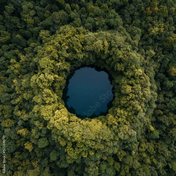 Fototapeta Round volcanic lake in the middle of the forest, view from above, Ambient music album artwork