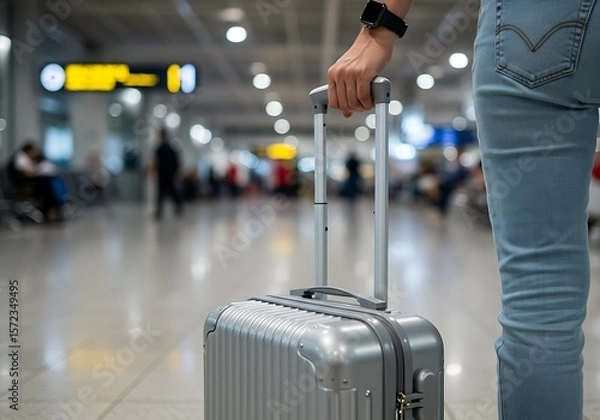 Obraz Modern travel: person with metallic luggage, moving confidently through an airport concourse.

