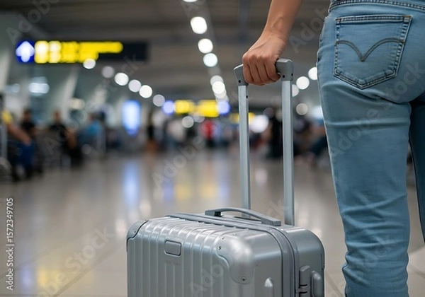 Fototapeta Journey starts: hand on a luggage handle, person navigating a crowded terminal.

