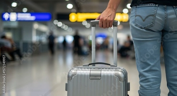 Obraz Airport scene: person moving with a suitcase, set against out-of-focus background lights.

