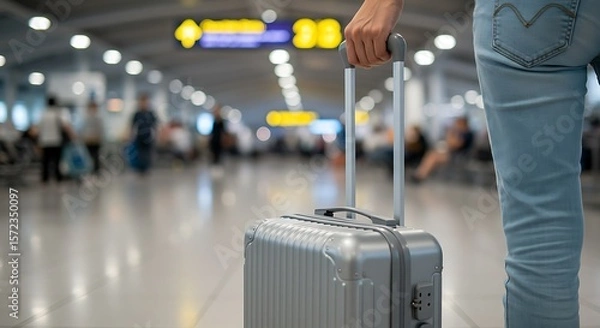 Obraz Individual pulling a hard-shell suitcase in a bustling airport hall, emphasizing solo travel.

