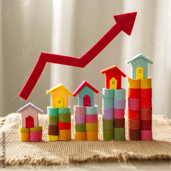 Obraz Felt Bar Chart with Miniature Houses Representing Rising Real Estate Prices