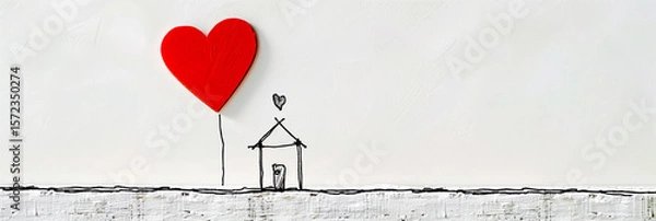 Obraz Minimal Line Drawing of a House with Floating Red Heart on White Background