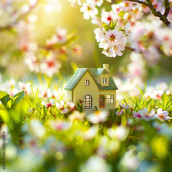 Obraz Pastel Miniature House on Fresh Grass with Cherry Blossoms and Spring Flowers in Bright Sunlight