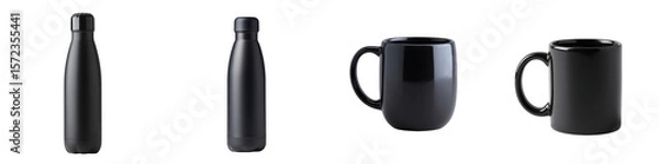 Fototapeta Elegant drinkware showcasing thermal bottles and mugs, representing beverage enjoyment and a modern lifestyle with sleek design