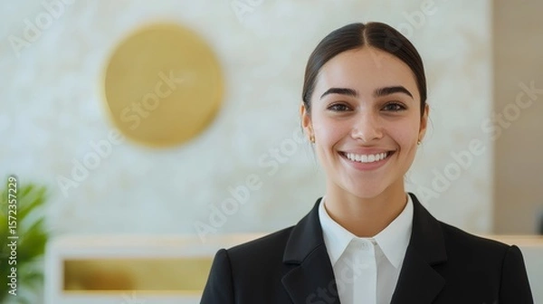 Fototapeta Warm Welcome: Smiling Hotel Staff Providing Exceptional Customer Service Experience at Reception with Copy Space