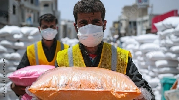 Fototapeta Efficient Refugee Coordination Line Distributing Medical Masks and Essential Supplies