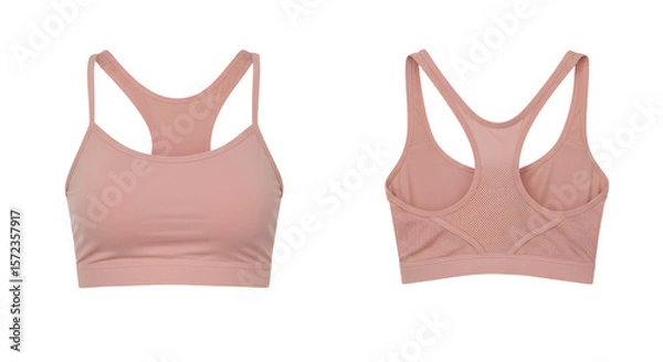 Fototapeta A pair of stylish, seamless sports bras in a soft pink hue, displayed from the front and back against a clean background