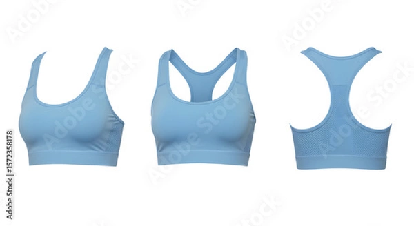 Fototapeta A stylish blue sports bra showcased from three angles, emphasizing its design and fit for athletic wear in a minimalist setting