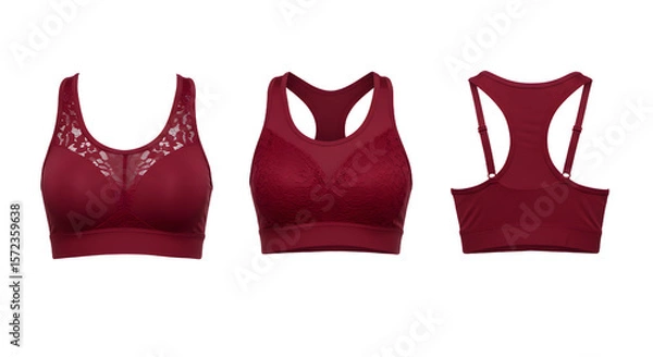 Fototapeta Three stylish burgundy bras displayed on a clean background, showcasing different designs and textures for fashion use