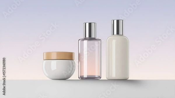 Obraz A sleek set of cosmetic products—a cream jar, spray bottle, and lotion bottle—elegantly displayed against a soft, gradient pastel background, ideal for beauty branding