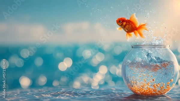 Obraz 水槽から飛び出す金魚のジャンプシーン