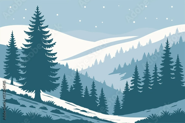Fototapeta A stylized vector landscape of a mountain valley covered with snow