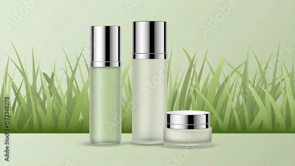 Obraz A sleek trio of frosted glass cosmetic bottles with silver caps, designed for natural skincare, set against a vibrant green grassy backdrop, emphasizing organic purity