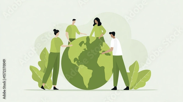 Fototapeta Group of diverse individuals collaboratively working together on a green globe, surrounded by lush foliage, symbolizing teamwork and environmental sustainability in a vibrant illustration