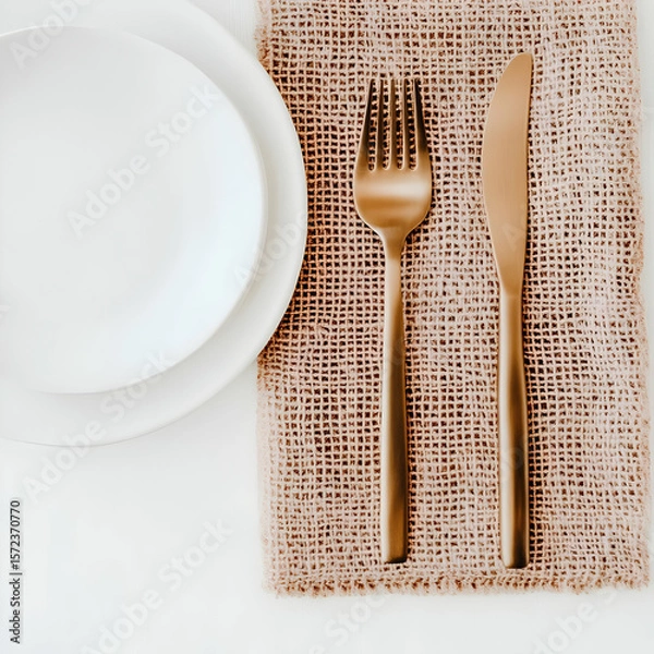 Fototapeta Elegant Table Setting: Rose Gold Flatware on Burlap