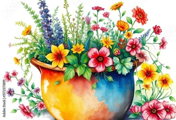 Obraz Whimsical watercolor painting of colorful pot overflowing with vibrant herbs and flowers,  background,  card