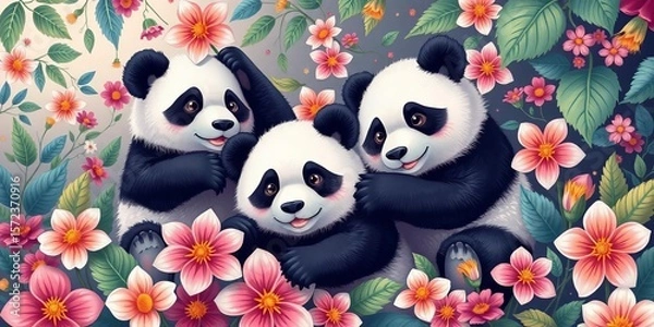Obraz Whimsical pandas frolic among vibrant flowers and leaves, intricate vector art,  details,  whimsical