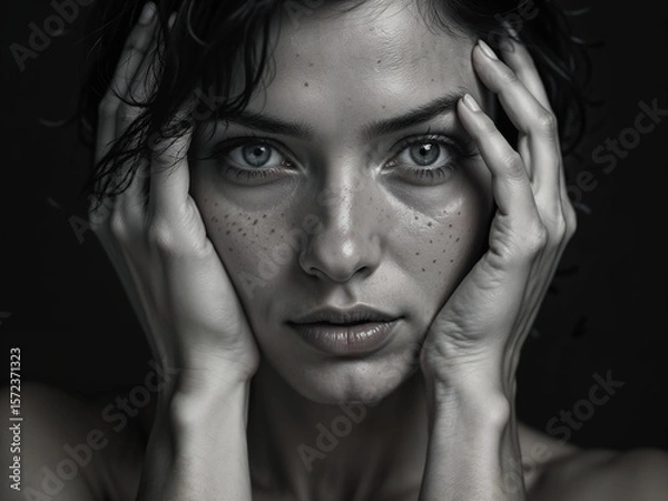 Fototapeta Intense Gaze Portrait of a Woman with Hands on Face