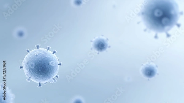 Fototapeta Microscopic view of virus particles floating in a soft blue background, showcasing intricate details and textures of viral structures in a scientific context