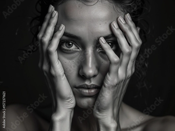 Fototapeta Intense Portrait Woman with Hands on Face Capturing Vulnerability