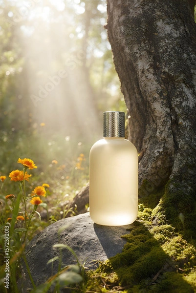 Obraz A glowing, natural product bottle with a textured cap sits on a mossy rock in a sun-dappled forest, embodying organic elegance and serene beauty
