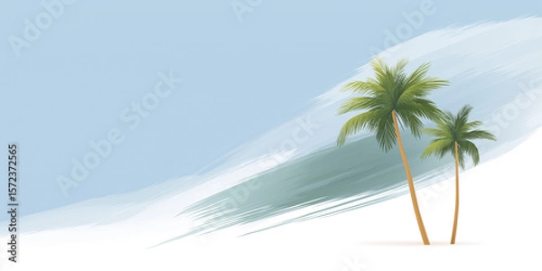 Fototapeta Tropical landscape featuring two palm trees against a soft blue background with gentle brush strokes, evoking a serene and relaxing atmosphere for summer vibes and vacation dreams