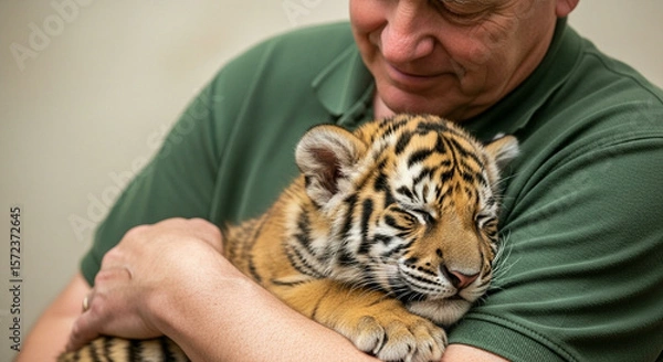Fototapeta Zookeeper Cradling a Baby Tiger with Affection