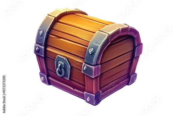 Fototapeta Stylized wooden treasure chest with metal bands and lock mechanism isolated on a transparent background