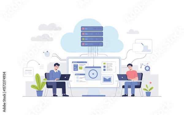 Fototapeta Cloud Computing Engineers: Two People Working on a Cloud Server System with Laptop