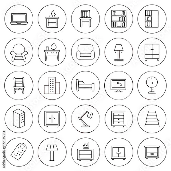 Fototapeta Collection of furniture icons including chairs beds tables lamps and storage units arranged in a grid pattern