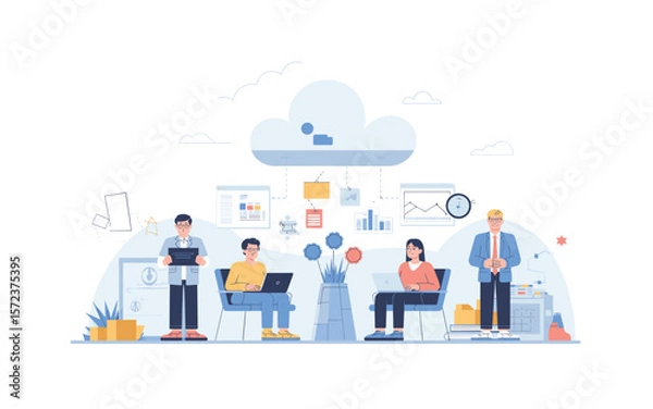 Fototapeta Cloud Computing Team Collaboration: People Working with Data Visualization, Dashboards, and Cloud Services