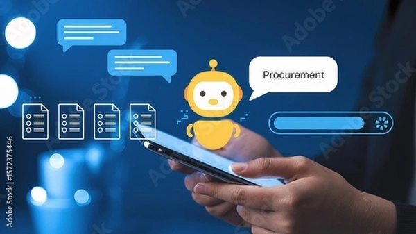 Fototapeta A person is using a mobile phone with an ai chatbot for procurement processes in a business setting