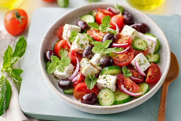 Fototapeta A bowl of salad with tomatoes, cucumbers, and olives