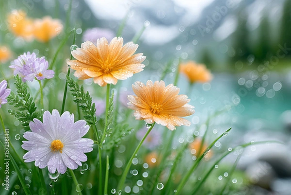 Fototapeta A field of flowers with a body of water in the background