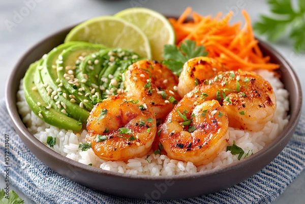 Fototapeta A bowl of shrimp and rice with avocado and carrots