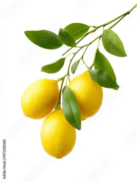 Fototapeta Fresh lemons on a branch with green leaves. Bright yellow citrus fruits symbolize health and freshness. Perfect for cooking, beverages, or natural décor. Brighten your culinary experience. AI