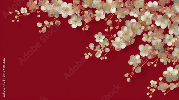 Obraz 赤い背景に貝殻でできた梅の花