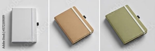 Fototapeta Top view of three hardcover notebooks with pen holders in white brown and green colors
