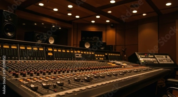 Fototapeta Professional recording studio console with illuminated faders and meters surrounded by studio monitors and acoustic paneling